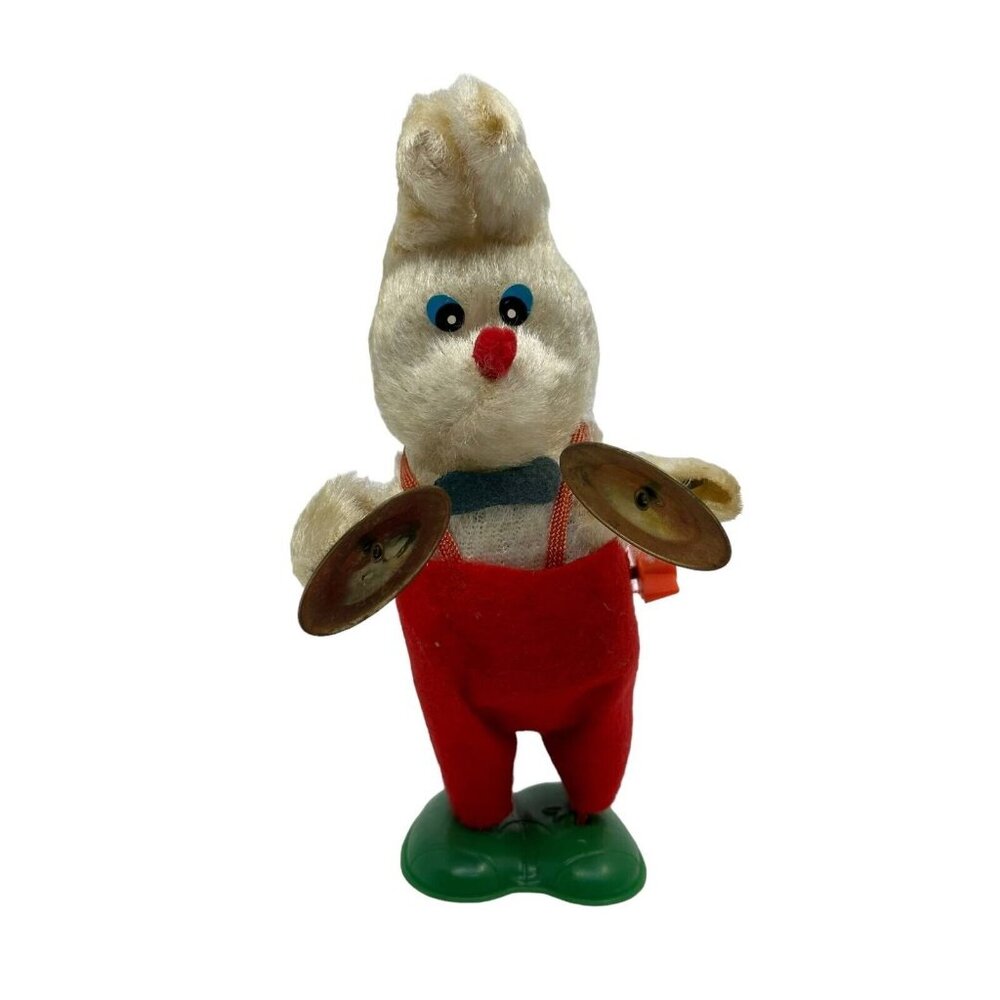 Vintage Wind Up Toy Plush White Bunny Playing Cymbals Red Pants Blue Eyes 7"